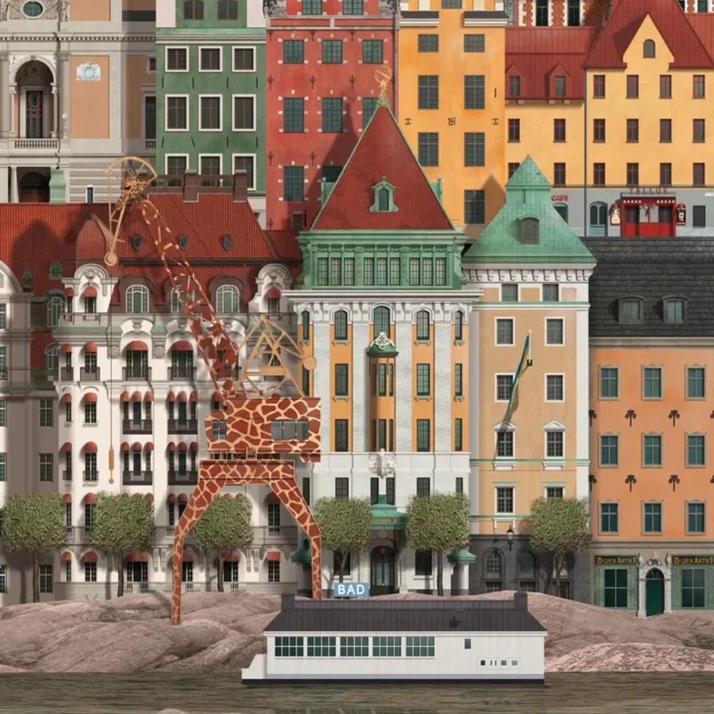 A large crane shaped like a giraffe stands on a stone shore in front of colorful European-style buildings, with a small building labeled BAD by the water.