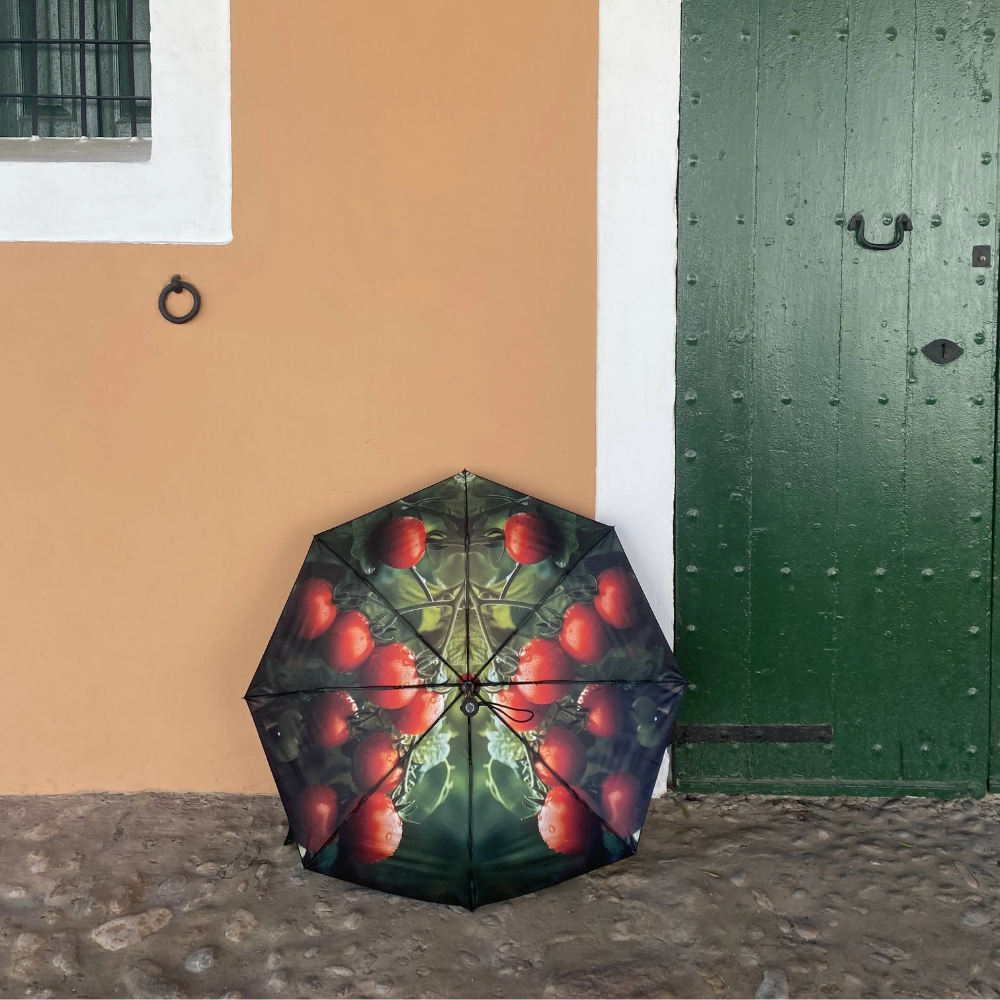 An umbrella with a tomato pattern leans against a peach-colored wall beside a large green wooden door with metal studs and a round black ring. The ground is paved with uneven stones.