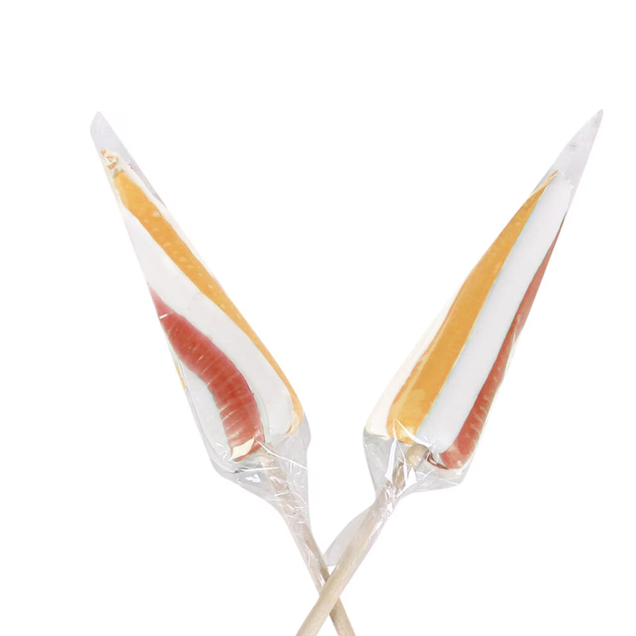 Two Strömshaga Umbrella Lollipop Mango / Passionfruit, striped in white, orange, and red, wrapped in clear plastic on wooden sticks, are placed side by side on a white background.