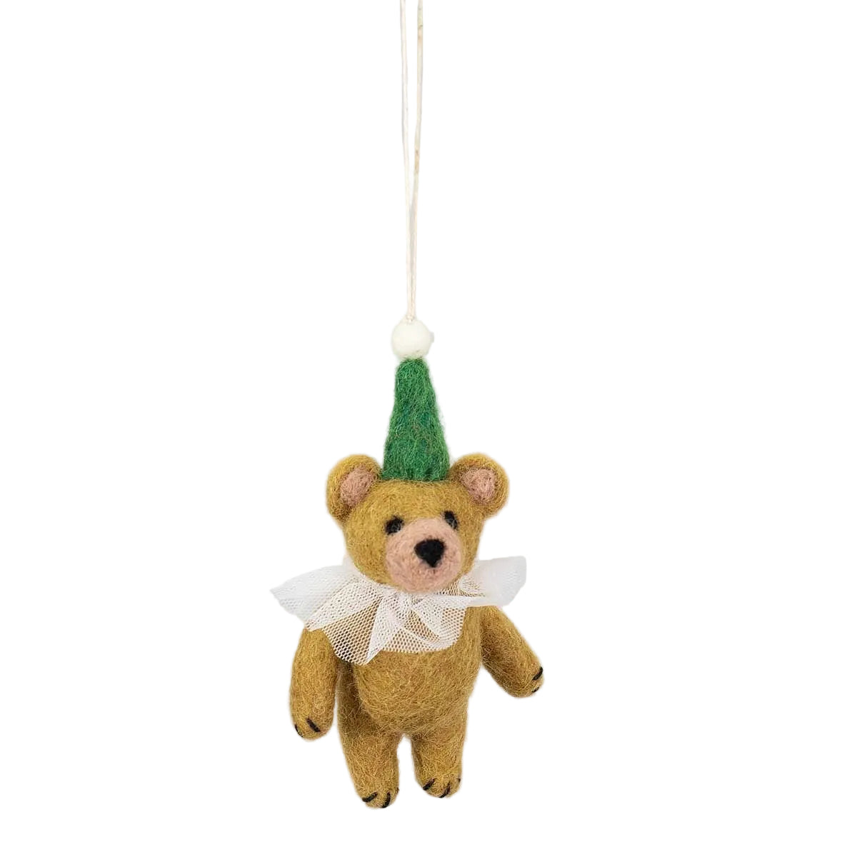 A World of Craft’s Circus Bear Christmas Ornament is a small, handmade wool decoration featuring a bear with a green cone hat topped by a white pom-pom and a white ruffled collar, hanging by a string—an adorable addition to your holiday decor.