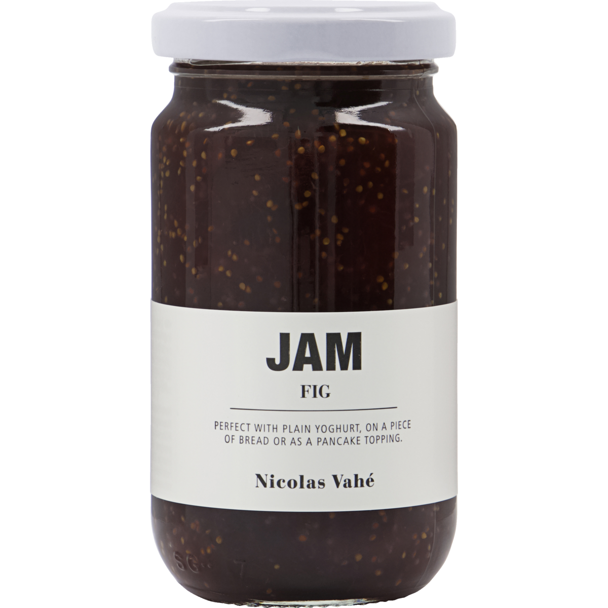 A glass jar of Nicolas Vahé Jam, Fig, with a white label and serving suggestions below—ideal for cheese boards.