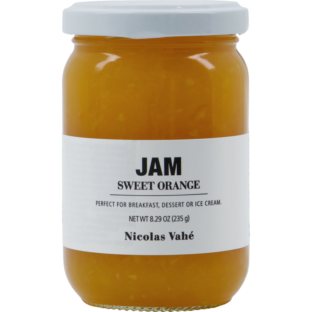 A glass jar of Nicolas Vahé Jam Seasonal, Sweet Orange with a white label featuring serving suggestions and net weight information, highlighting the citrus flavour.
