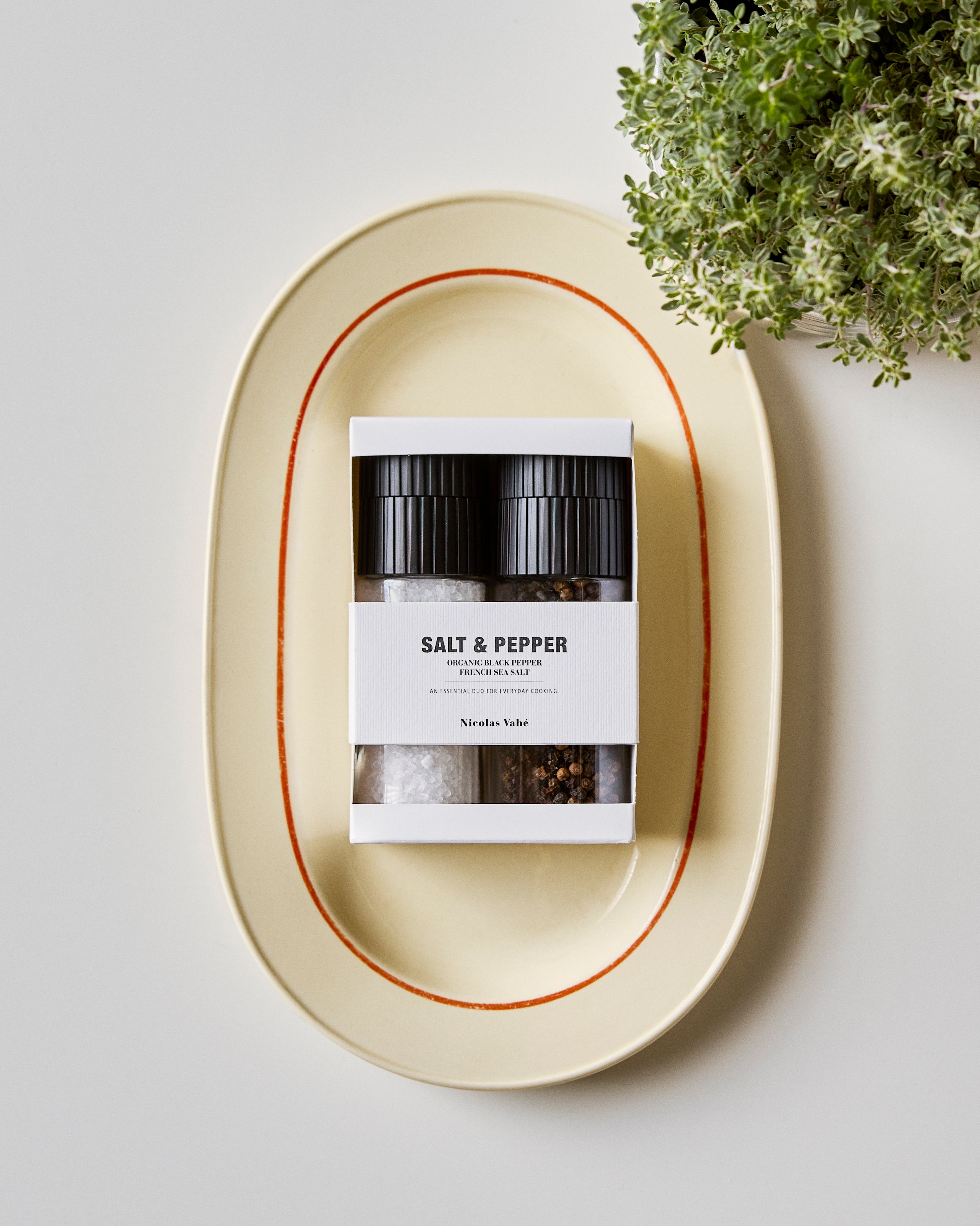 A boxed Sea Salt & Organic Pepper, Gift Box by Nicolas Vahé, featuring elegant grinders perfect for French sea salt and organic black peppercorns, rests on a cream-colored oval plate with a red rim. A green leafy plant appears in the upper right corner.
