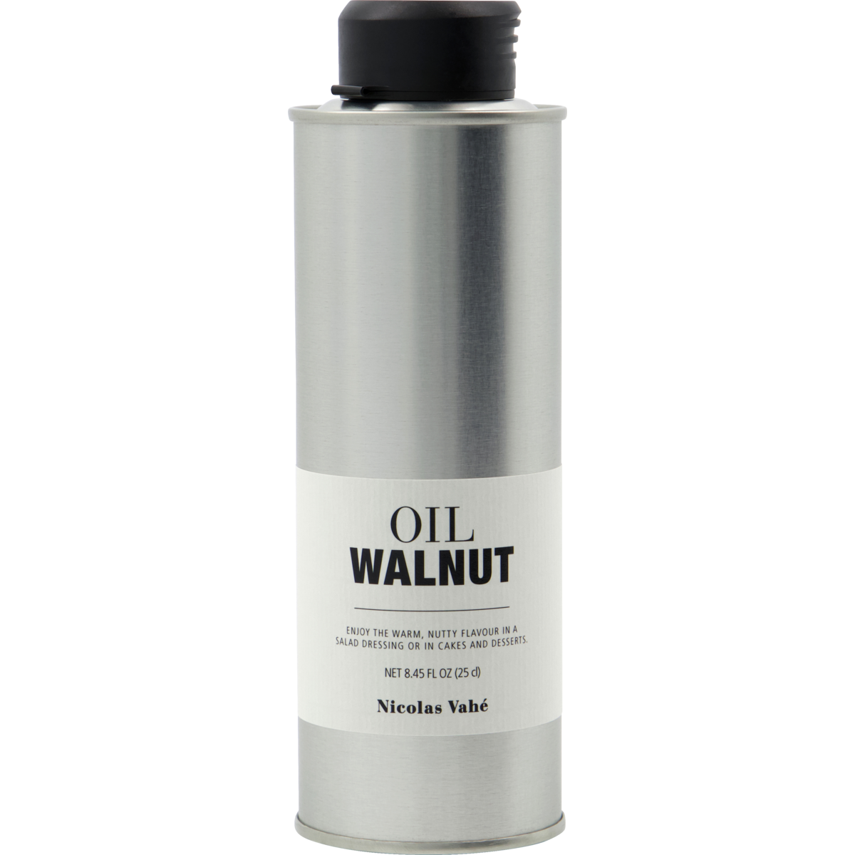 A tall metal canister with a black cap labeled "Walnut Oil" features a white label stating it's finishing oil, made in France, with small text and the Nicolas Vahé brand at the bottom.