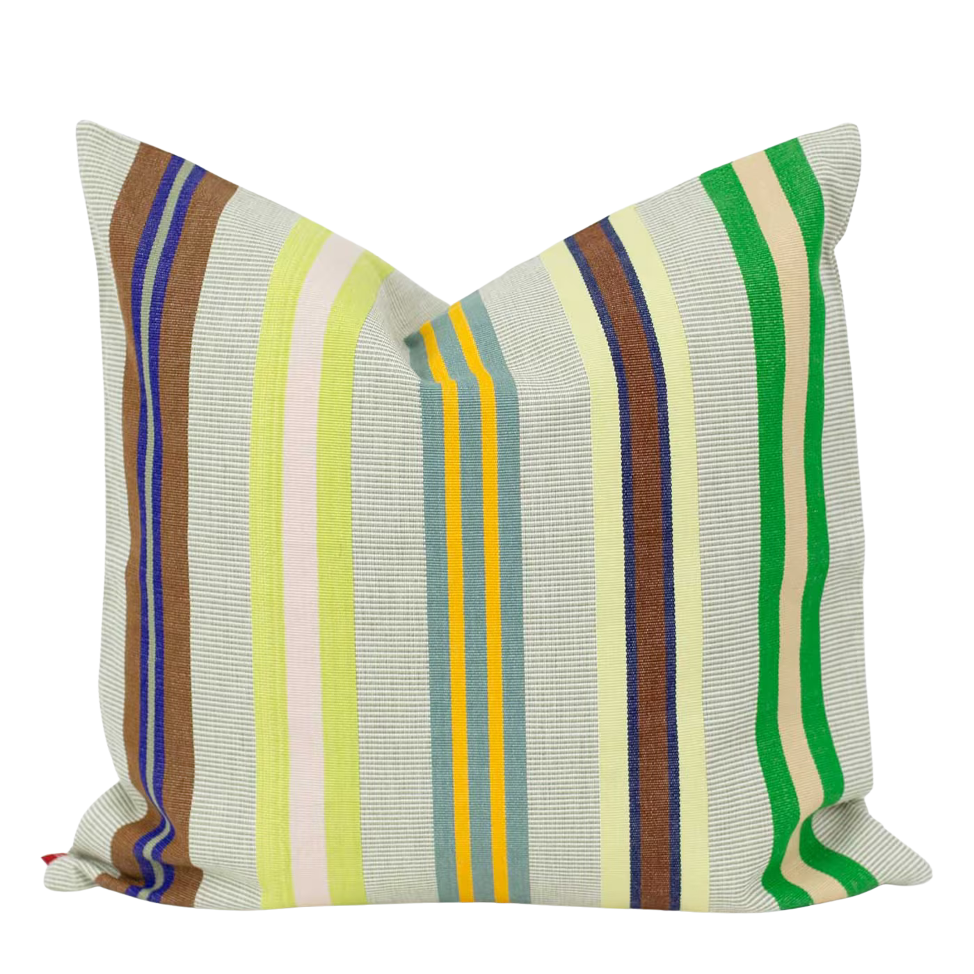 The Cushion cover Vina Striped by A World of Craft is a 50x50 cm handwoven cover with green, yellow, blue, brown, and beige vertical stripes of varying width on a light background for a vibrant look.