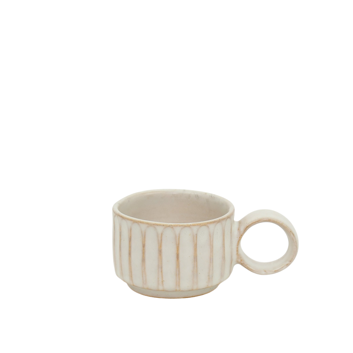 The Mini Rhea Handmade Espresso Cup by A World of Craft, in beige stoneware with vertical ridges and a round handle, is displayed against a plain white background.