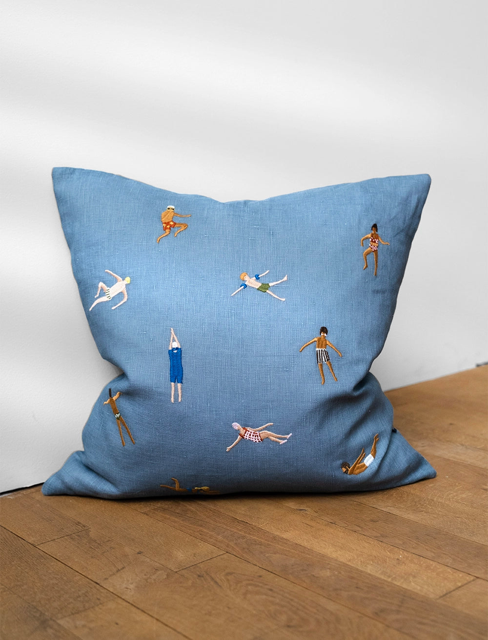 Swimmers Embroidered Cushion COVER in Blue Linen