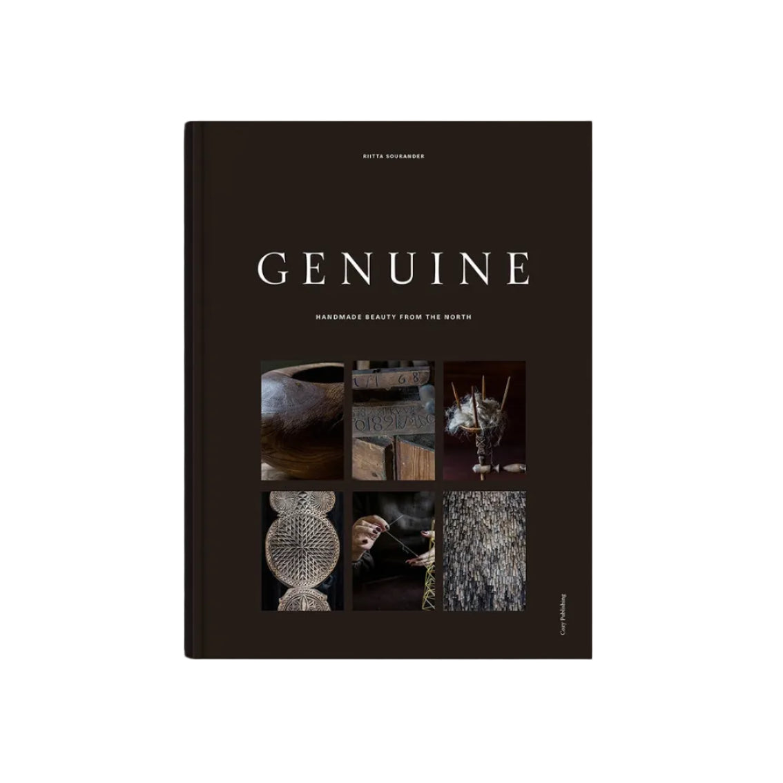 The cover of "Genuine – Handmade Beauty from the North" by Cozy Publishing displays the title in bold white on black with six photos highlighting Finnish design and Nordic-inspired handmade crafts.