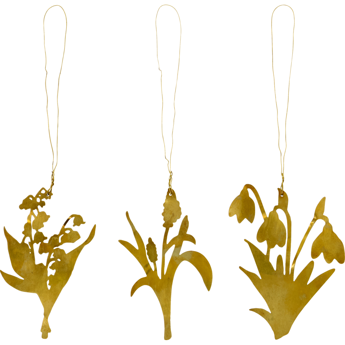 Three gold floral ornaments on white strings against a white background