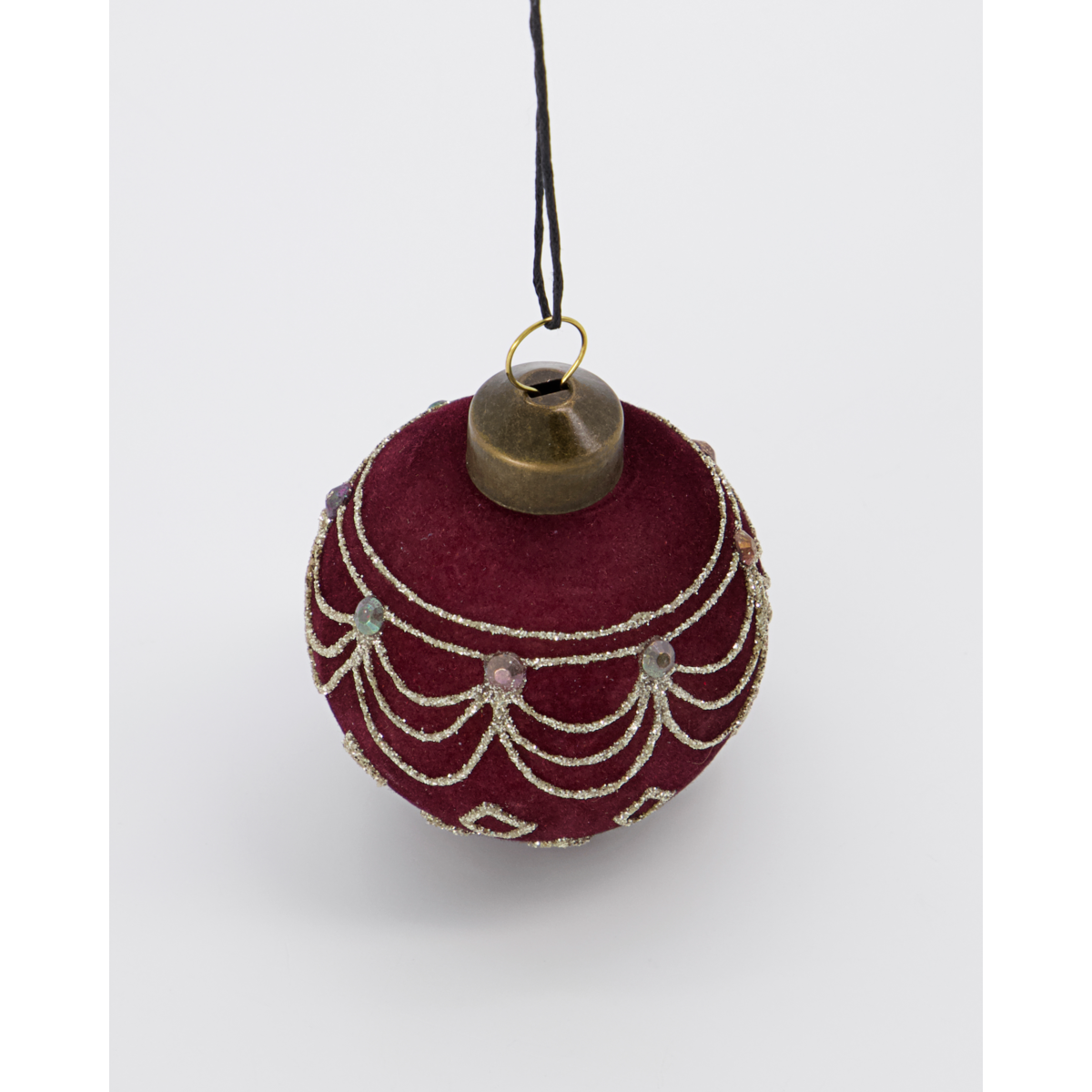 The House Doctor Christmas Ornament Bauble, Velour Red/Brown, features gold and rhinestone bead details and hangs from a black string against a plain white background.
