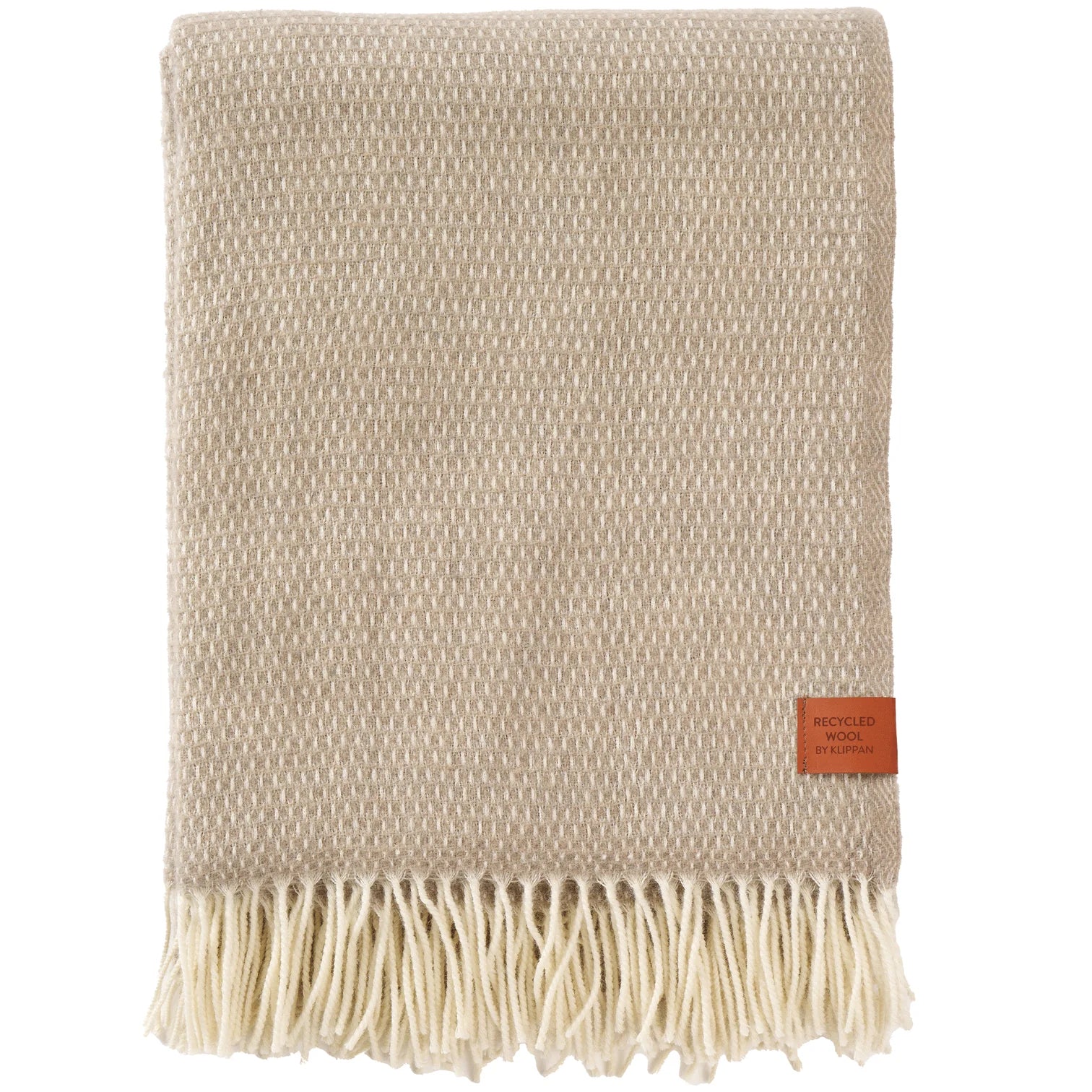 A taupe Hugo Recycled Merino & New Merino Brushed Throw by Klippan, featuring white fringed edges and a branded tag, is neatly folded to showcase its premium quality craftsmanship.