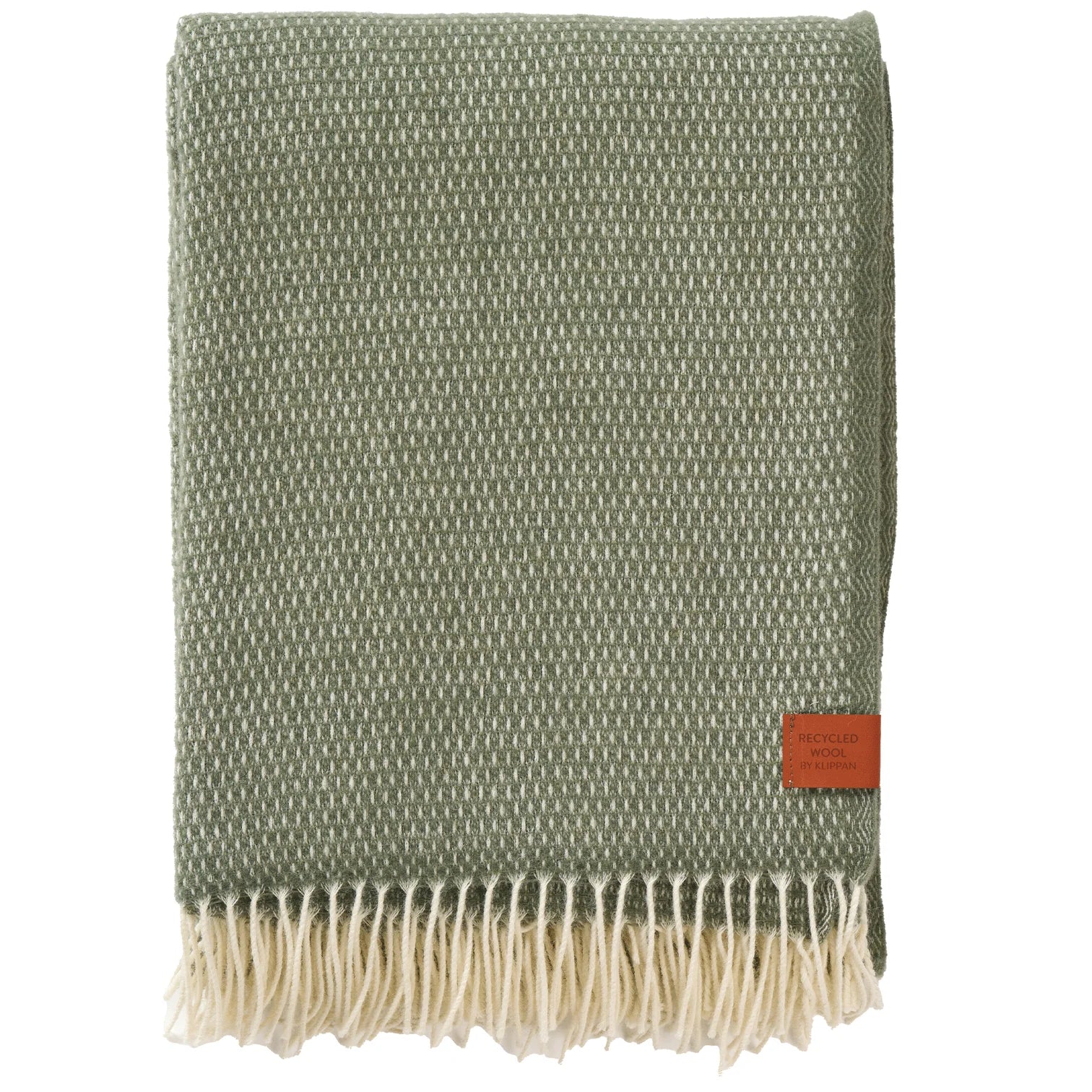 The Klippan Hugo Recycled Merino & New Merino Brushed Throw in Dusty Green features a folded green woven design, cream fringe, and a small brown corner label, crafted from recycled and new wool.