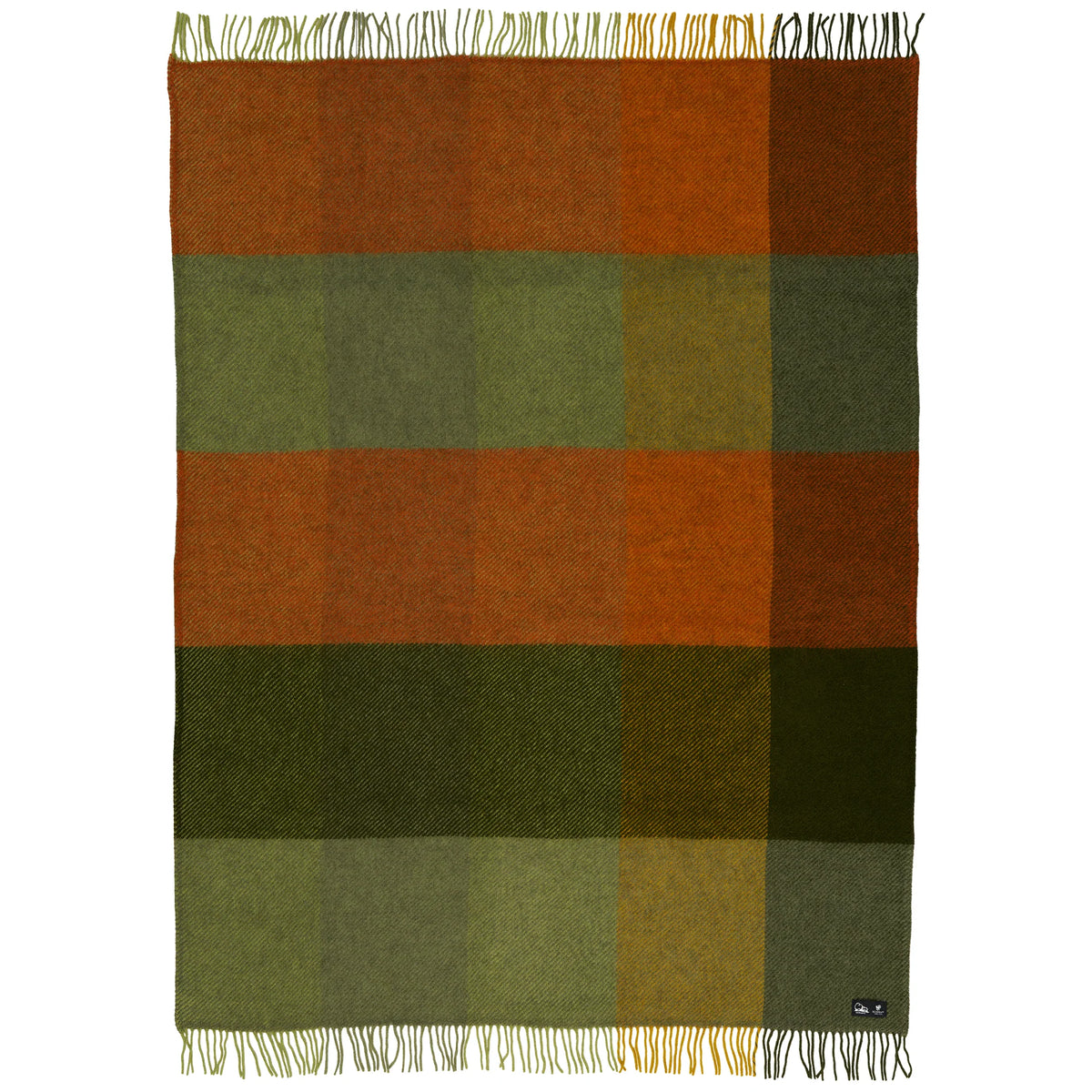 The Klippan Yllefabrik Gotland Brushed Gotland & Lambswool Throw in Check Green is a rectangular Swedish wool blanket with wide plaid stripes in green and orange hues, finished with fringe on the shorter edges.