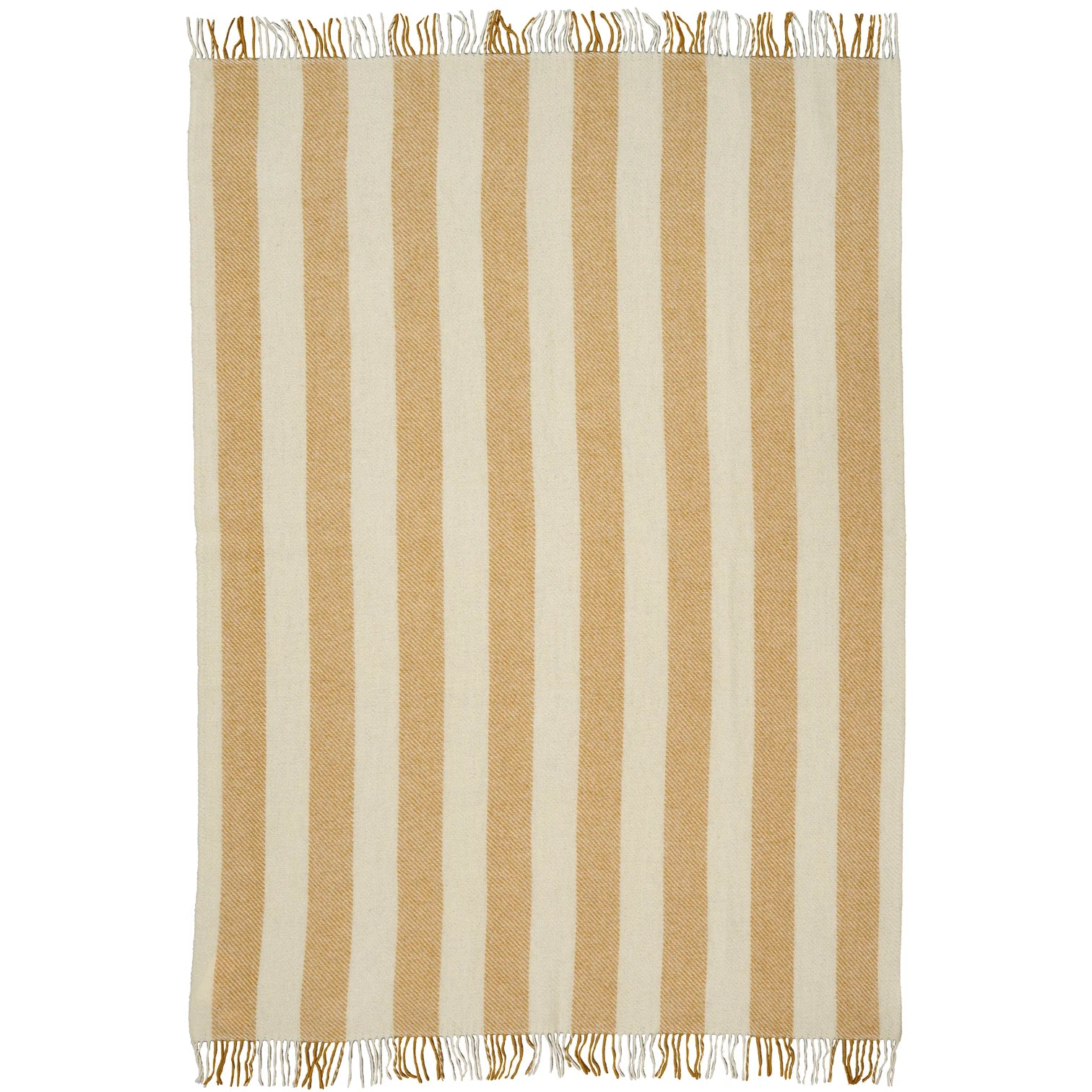 Striped throw with brown and white stripes on a white background