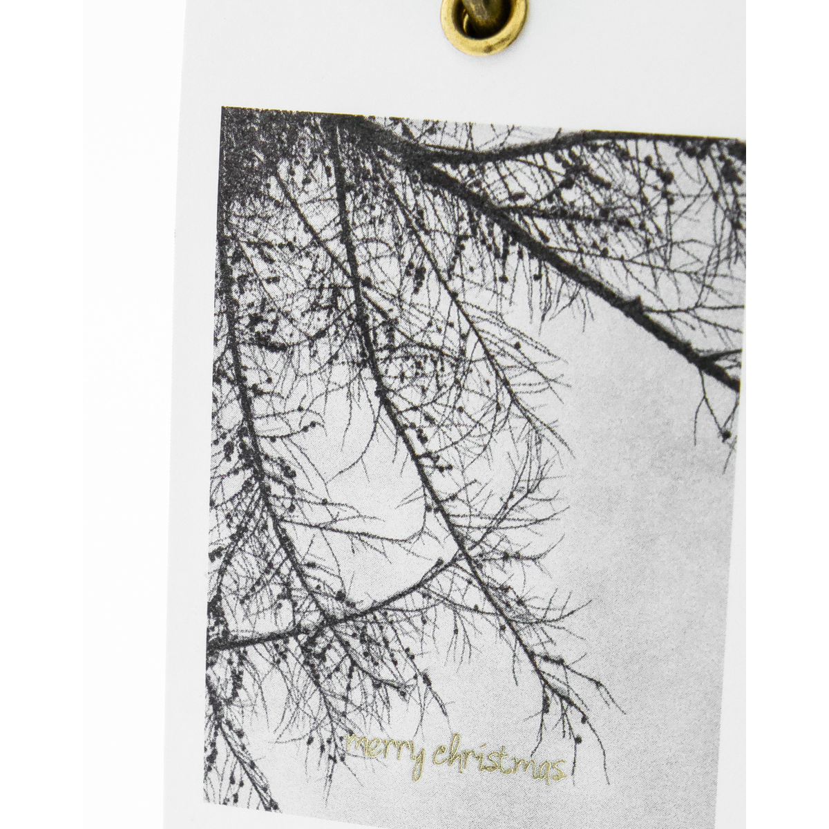 Add a stylish touch to your presents with House Doctor's Winter Gift Tags, Set of 12—featuring black and white tree branches and "Merry Christmas" in gold lettering, perfect for holiday gifts or cards.