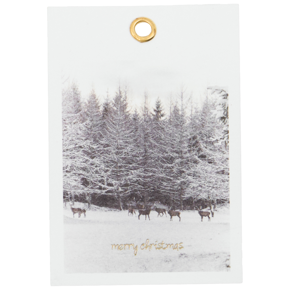 House Doctor’s Winter Gift Tags, Set of 12, feature white tags with deer in a snowy forest and “merry christmas” in gold—ideal for adding a festive touch to your holiday presents.