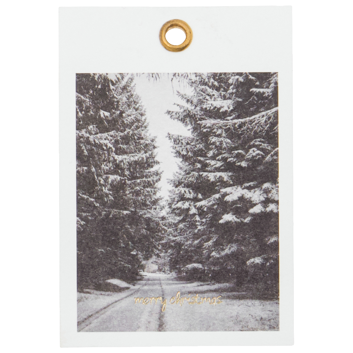 The House Doctor Winter Gift Tags, Set of 12, feature a black and white photo of a snowy evergreen path with "merry christmas" at the bottom—ideal for adding elegance to your holiday gifts.