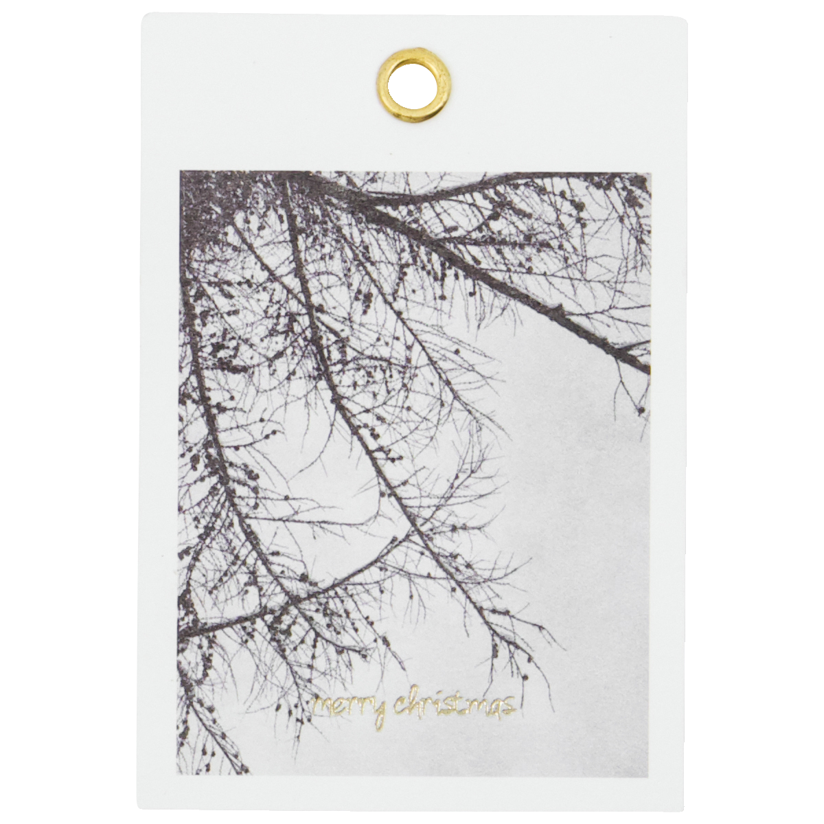 House Doctor’s Winter Gift Tags, Set of 12, feature black and white bare tree branches with "Merry Christmas" in gold at the bottom and a gold circular hole—ideal for adding elegance to your winter gifts.