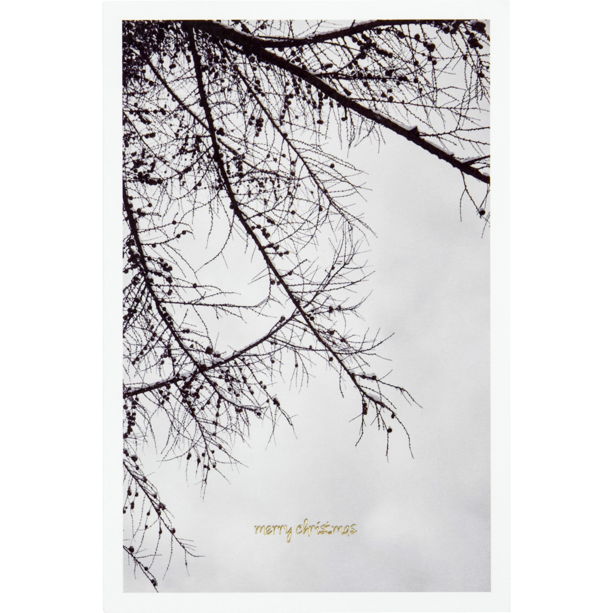 House Doctor's "Greeting Cards, Winter" (set of 6) feature black leafless branches on a cloudy gray sky with "Merry Christmas" in small gold letters—ideal for holiday greetings or Christmas cards.