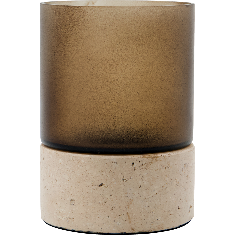 The Candle Holder Rivo w. Brown Glass, Handmade by House Doctor features an elegant mouthblown brown glass top set on a round, light beige travertine stone base, displayed against a plain background.