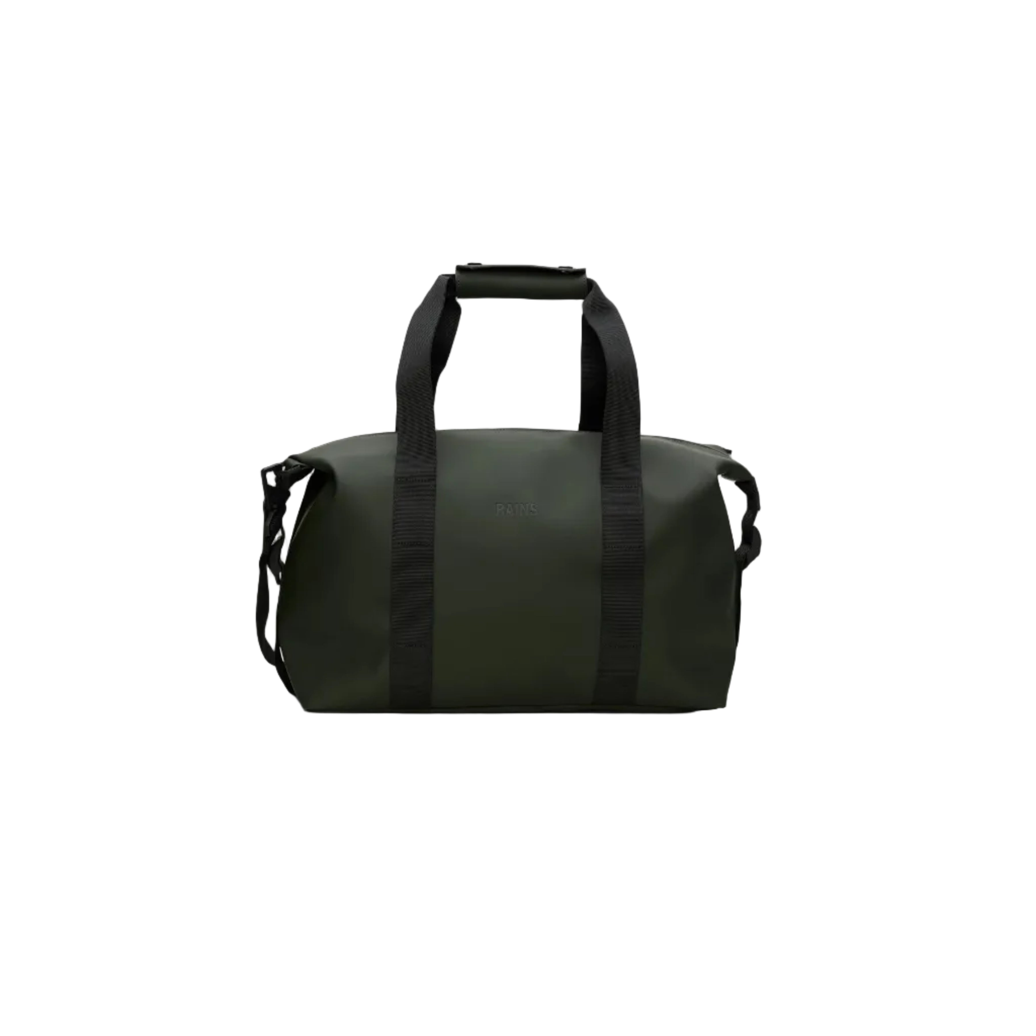 The Rains Hilo Weekend Bag Small in Green by Rains features a dark green exterior, black handles, and a detachable shoulder strap. Shown against a white background, this compact bag is perfect for overnight stays or as a stylish small travel bag.
