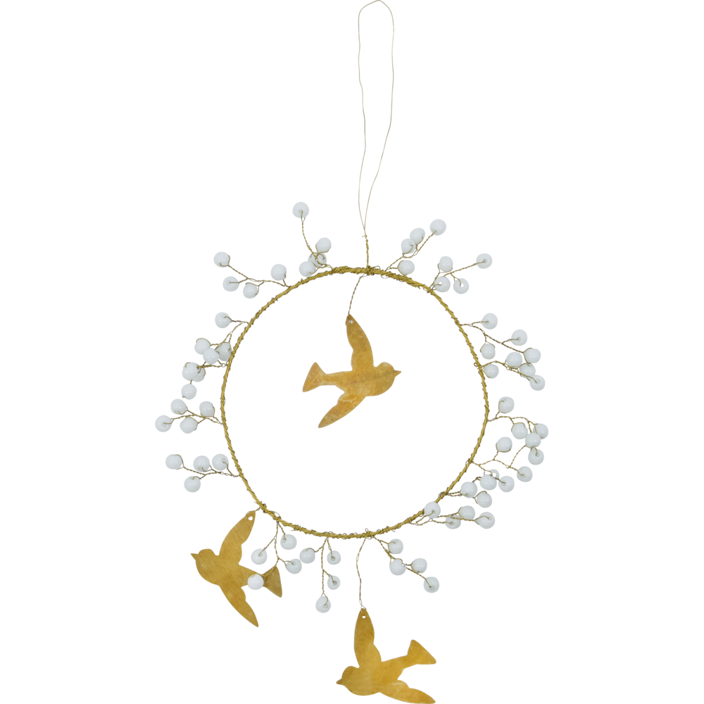 House Doctor Christmas Ornament, Bird in White & Brass featuring a handcrafted metal wire wreath adorned with white beads and three brass-finish bird silhouettes.