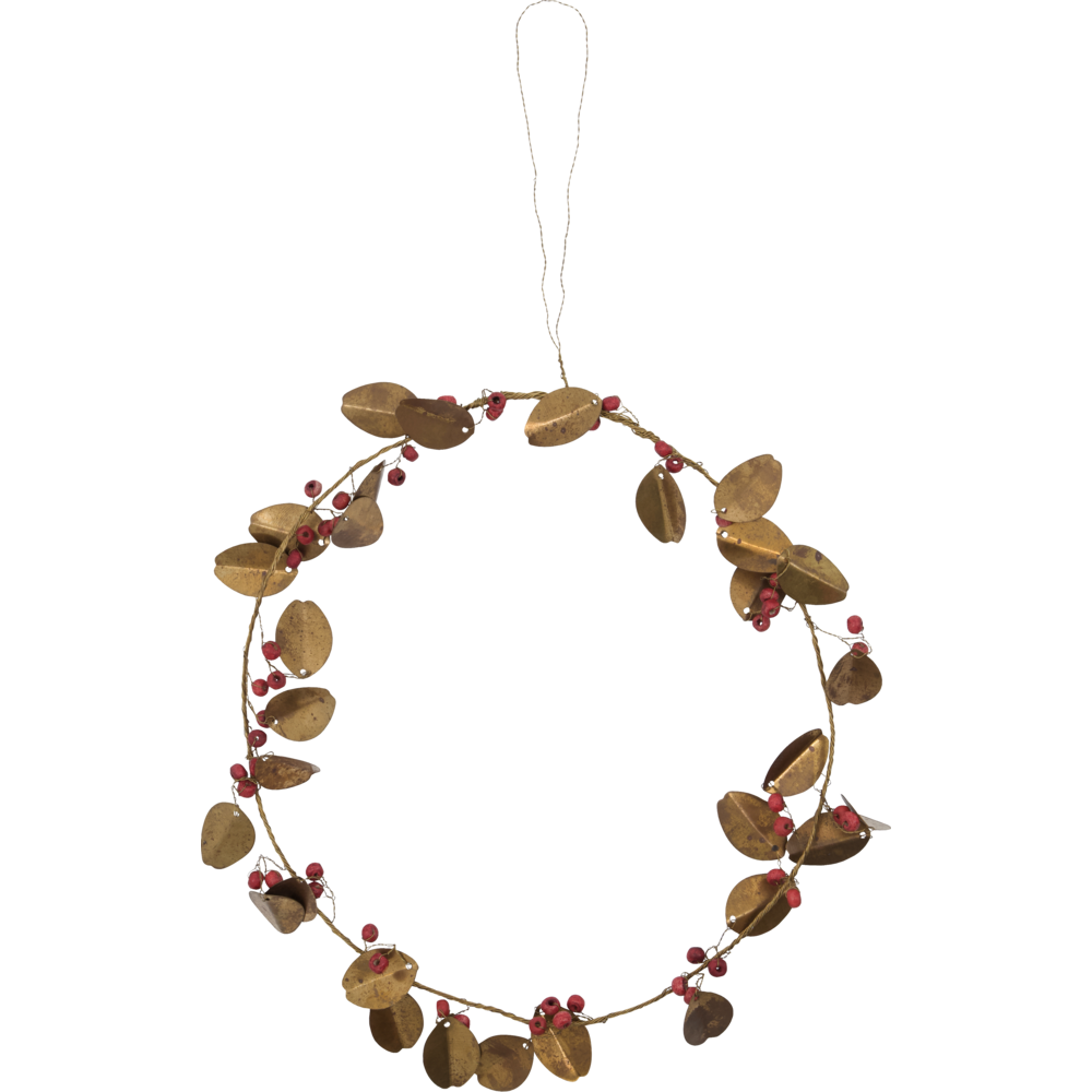 A House Doctor Christmas Wreath Leafi Auric in Gold, 20 CM, featuring a handmade thin wire frame decorated with gold-toned metal leaves and small red berries, suspended by a loop of string.