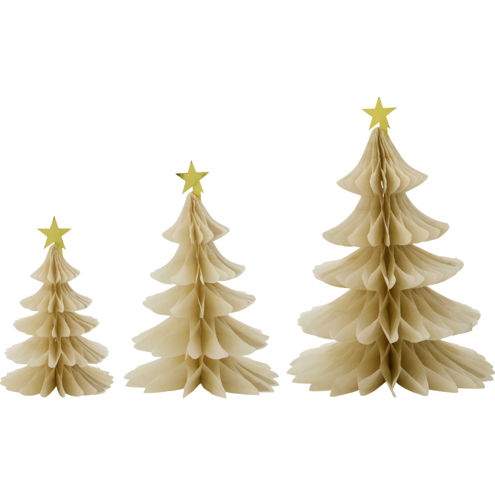 House Doctor Christmas Tree Ornament, Set of 3 in Paper, Ivory & Gold featuring three-tiered, ivory and gold paper Christmas trees, each topped with a small gold star.