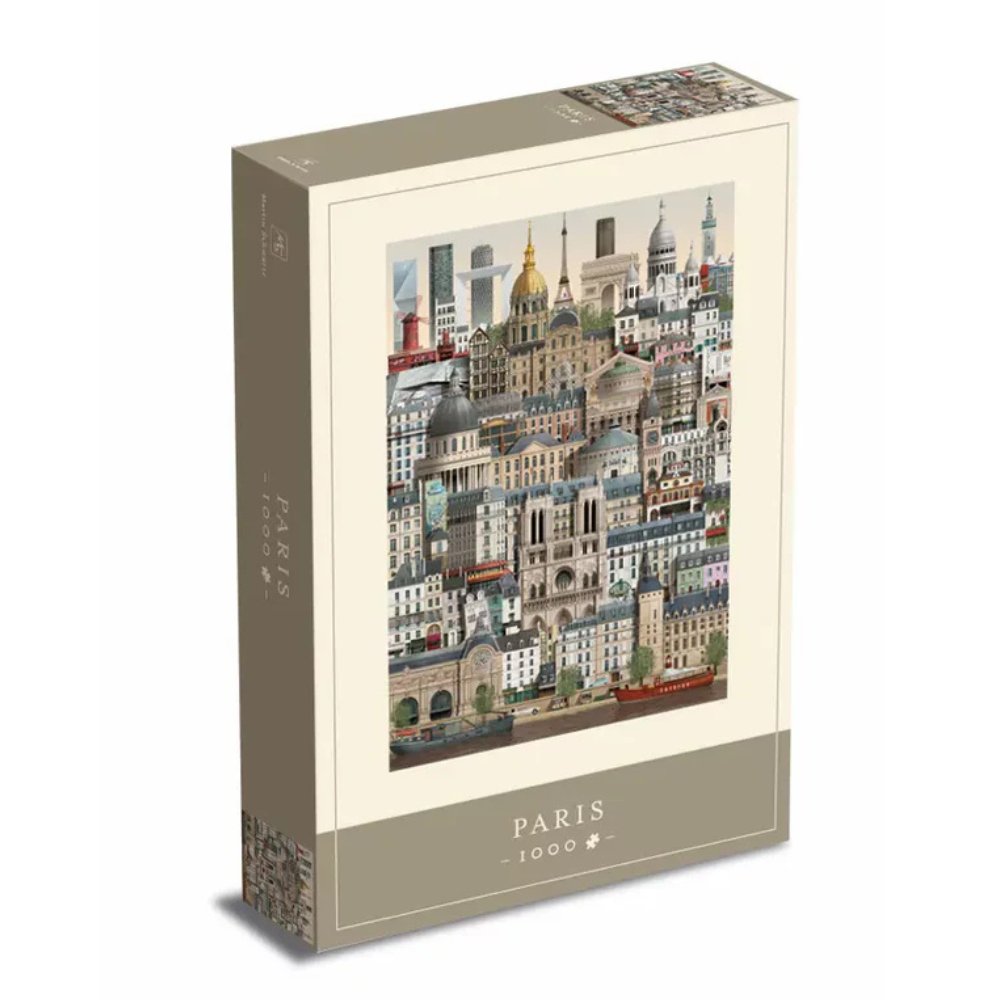 The Martin Schwartz Paris Puzzle, 1000 Pieces, features an illustrated collage of city landmarks like the Eiffel Tower and Notre-Dame, with "Paris" and "1000" displayed on the beige-bordered box.