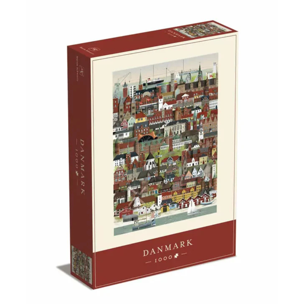 Puzzle box with a colorful illustration of a Danish town on the cover, featuring the brand 'Danmark'.