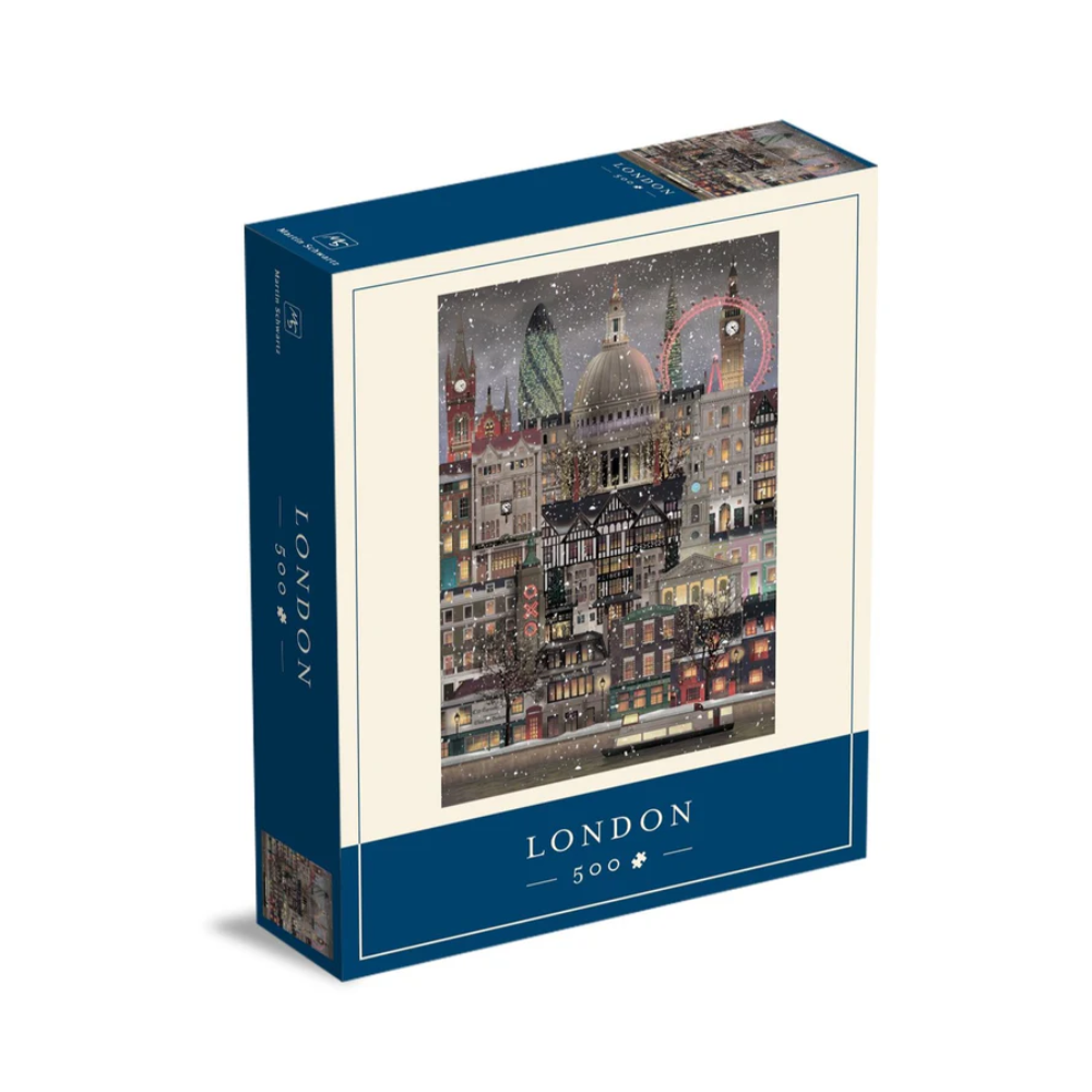 The Martin Schwartz Christmas in London Puzzle, 500 Pieces, features a festive illustrated cityscape with landmarks like the Gherkin, St. Paul’s Cathedral, and the London Eye—ideal for holiday puzzling fun.