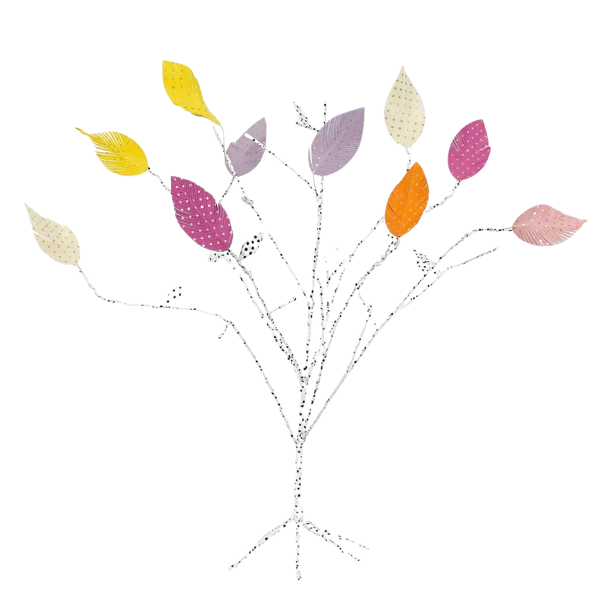 A World of Craft’s Twister Easter Feather Ornaments in Paper, Set of 10, features a minimalist design with thin black branches and yellow, purple, pink, orange, and cream “feathers” on a white background—echoing Swedish Easter trees.