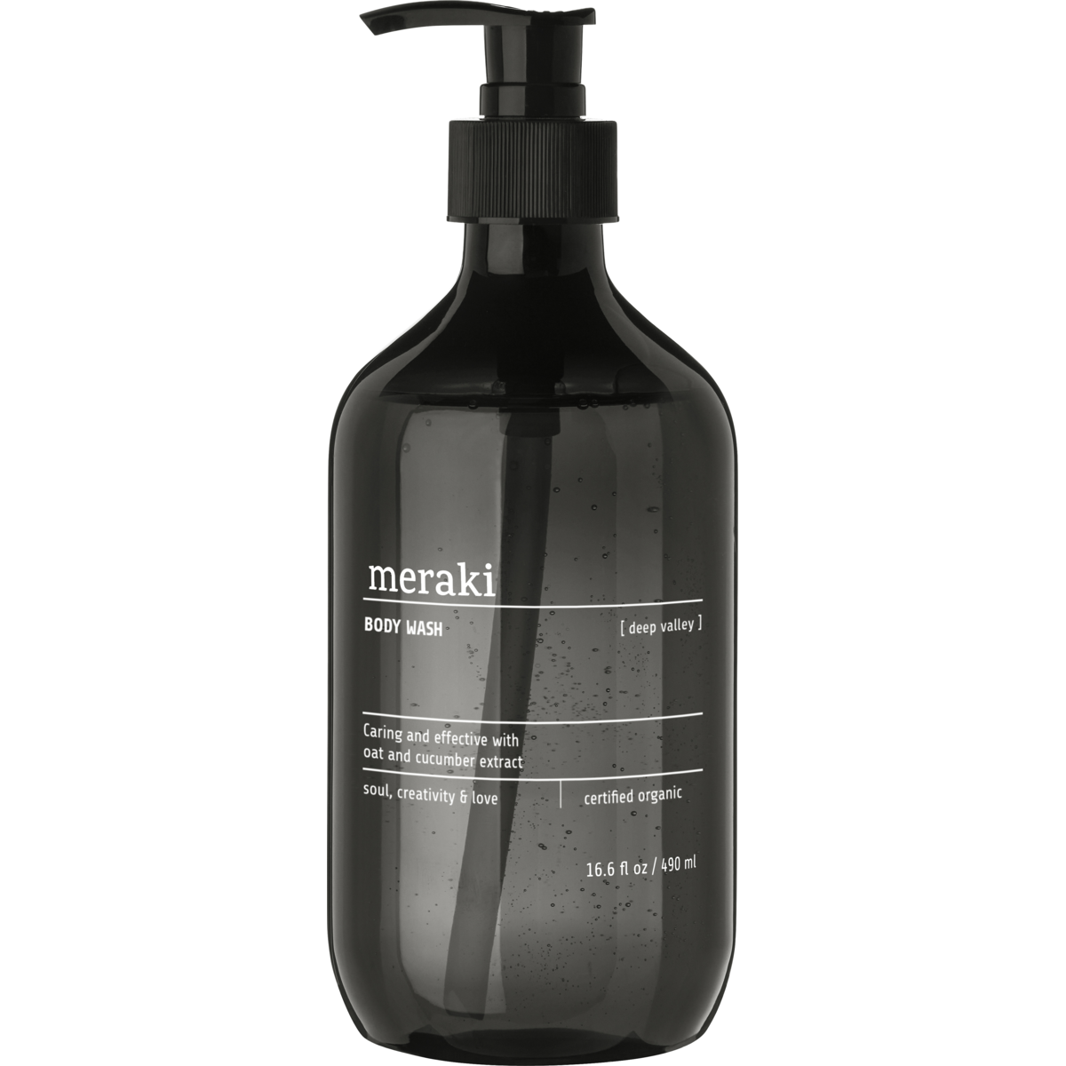 Meraki Body Wash, Deep Valley (490 ml) is an invigorating daily body wash with oat and cucumber extract and certified organic ingredients, packaged in a black pump bottle for fresh, revitalized skin.