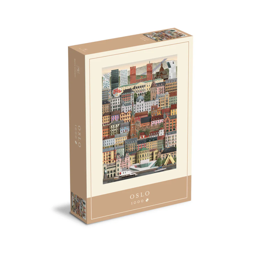 The Martin Schwartz Oslo City Puzzle, 1000 Pieces, comes in a rectangular box with beige borders and "OSLO" at the bottom, featuring a colorful illustrated cityscape of Oslo’s iconic architecture on the cover.