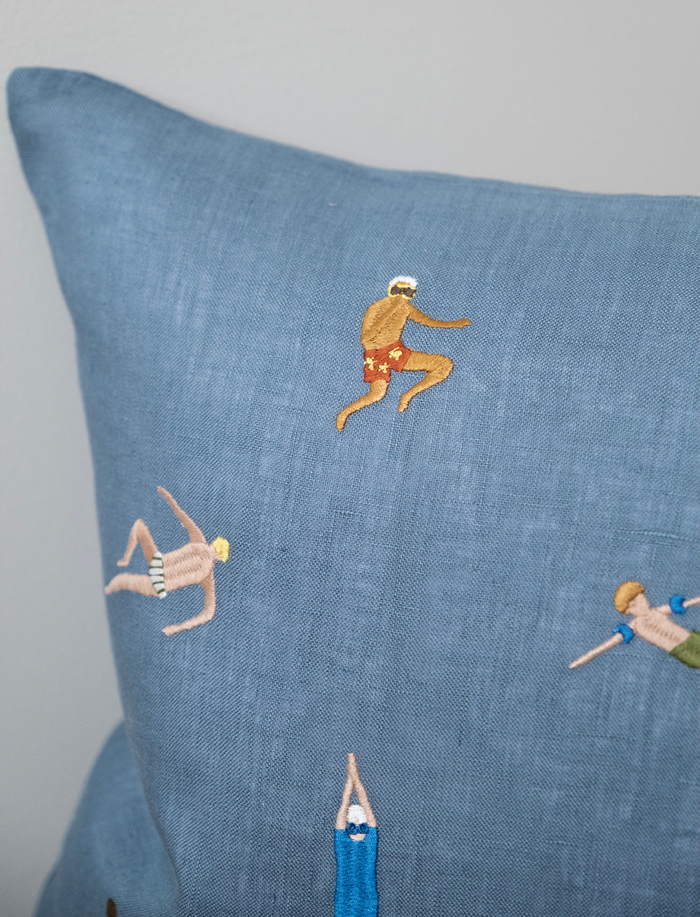 Swimmers Embroidered Cushion Cover in Blue Linen