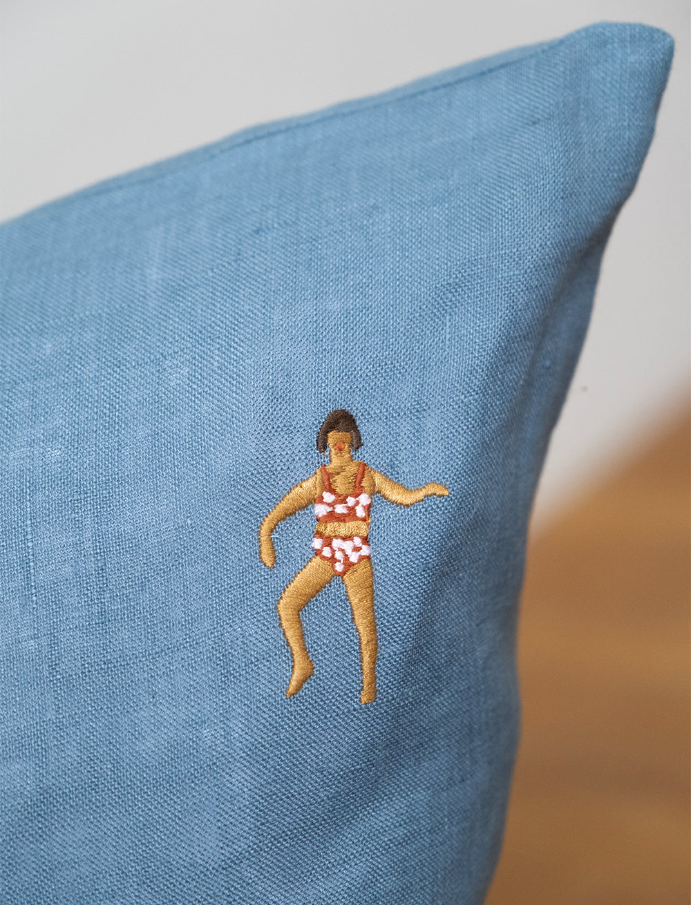 Swimmers Embroidered Cushion Cover in Blue Linen