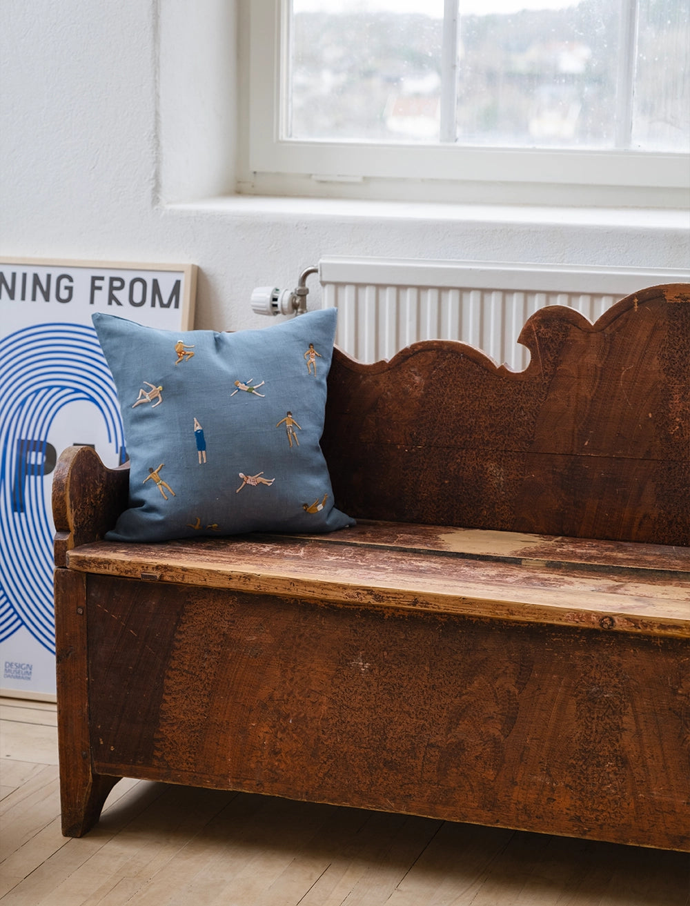 Swimmers Embroidered Cushion Cover in Blue Linen