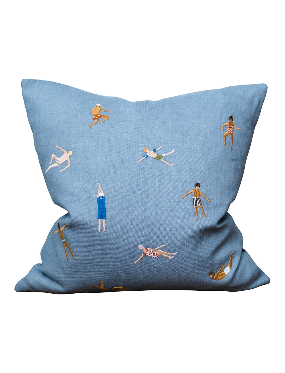 Swimmers Embroidered Cushion Cover in Blue Linen