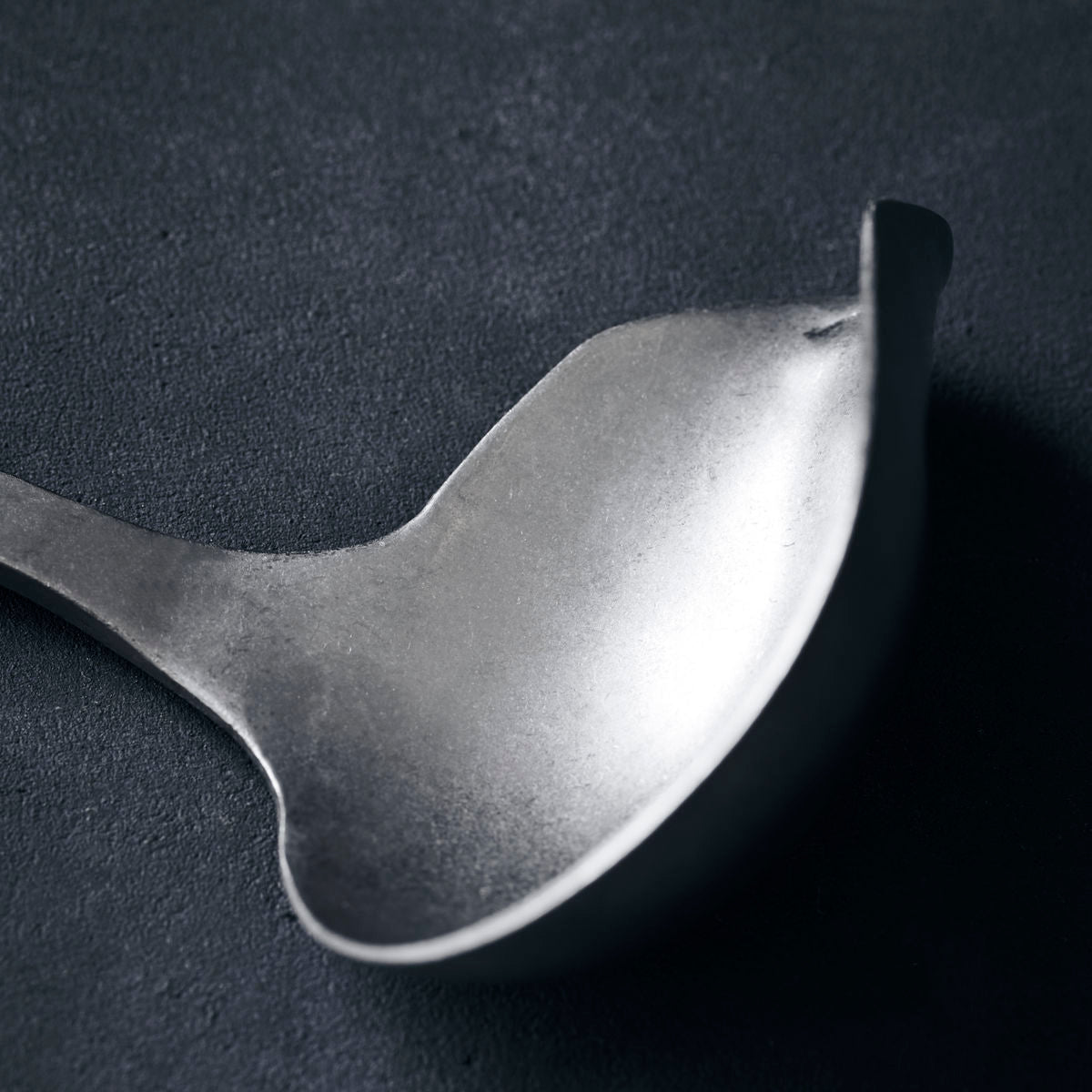 A close-up of the Nicolas Vahé Sauce spoon, Daily, with a silver finish on a dark textured surface—highlighting its bowl and handle as an essential kitchen tool.