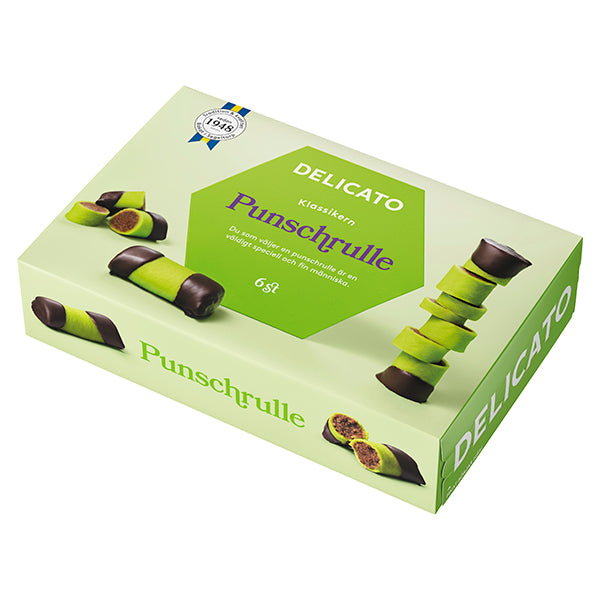 A box of Deli Delicato Punschrulle – Marzipan Rum Treats 240g, classic Swedish sweets with green marzipan and chocolate-coated ends, is pictured on the packaging.
