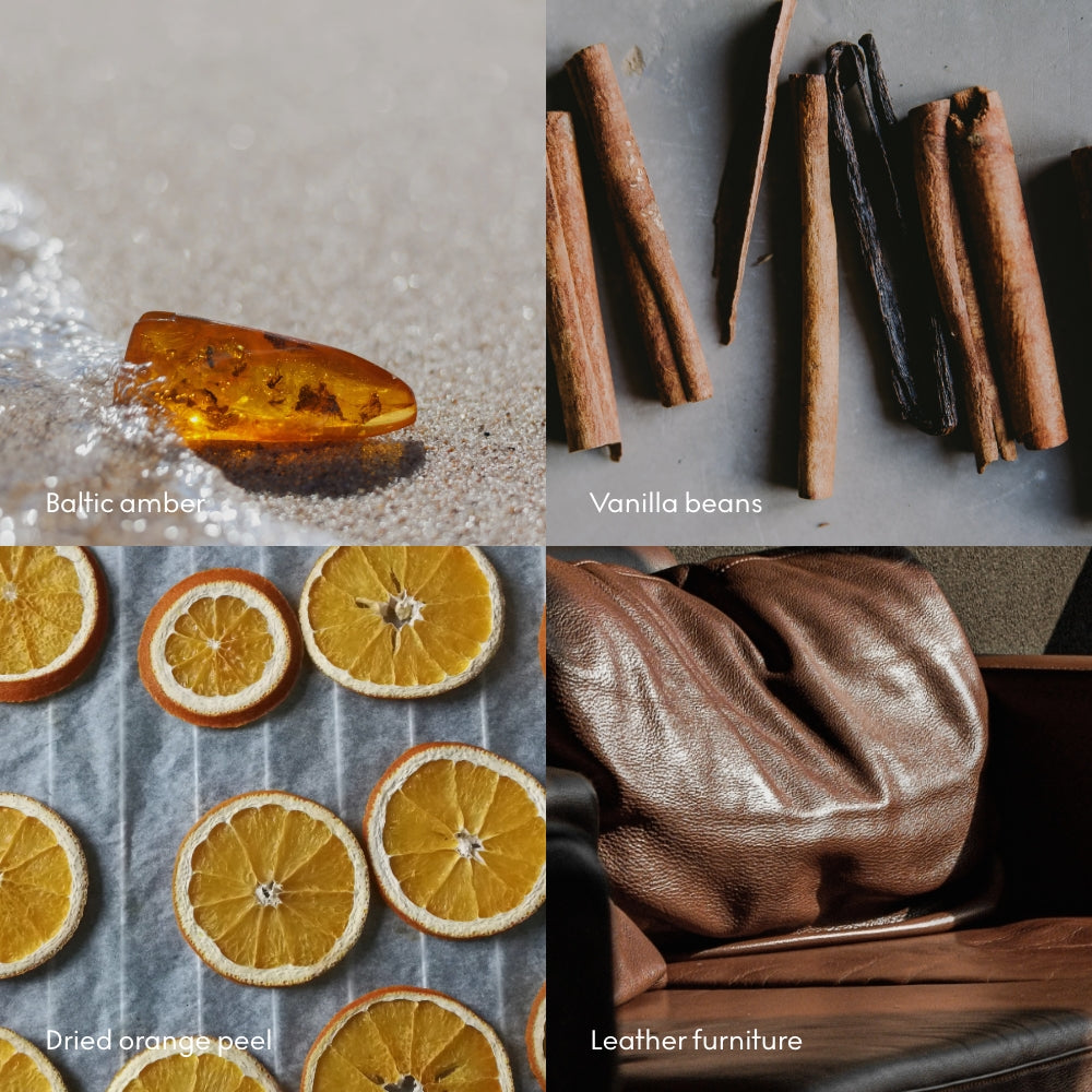 A collage of Baltic amber on sand, vanilla beans, dried orange slices, and brown leather inspires the Skandinavisk Scented Candle Koto 50h, 200g—ideal for Nordic ambiance.