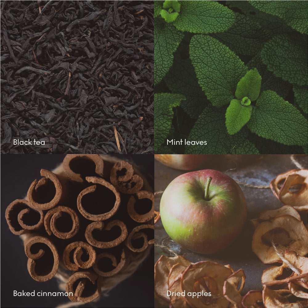 A collage of black tea, mint leaves, cinnamon sticks, fresh apple, and dried apple illustrates Scented Candle Hygge 50h, 200g by Skandinavisk, blending Danish DNA-inspired fragrance and smooth Swedish rapeseed wax.
