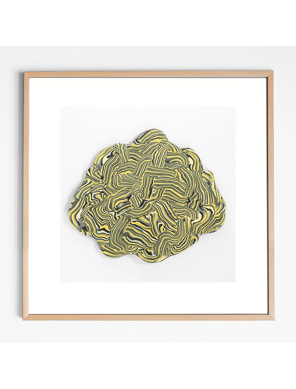 Fine Little Day’s Vibrant Print (50 cm x 50 cm) features an abstract design with yellow, black, and white marbled swirls on a white background, radiating poetic energy.