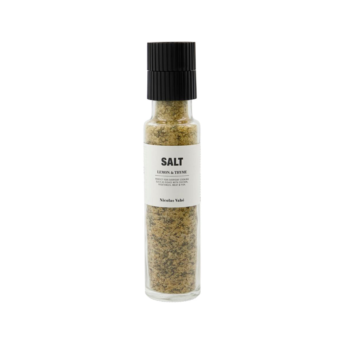 A clear glass bottle from Nicolas Vahé with a black ceramic grinder lid, filled with Salt - Lemon & Thyme. The white label features the product name and ingredients in black text.