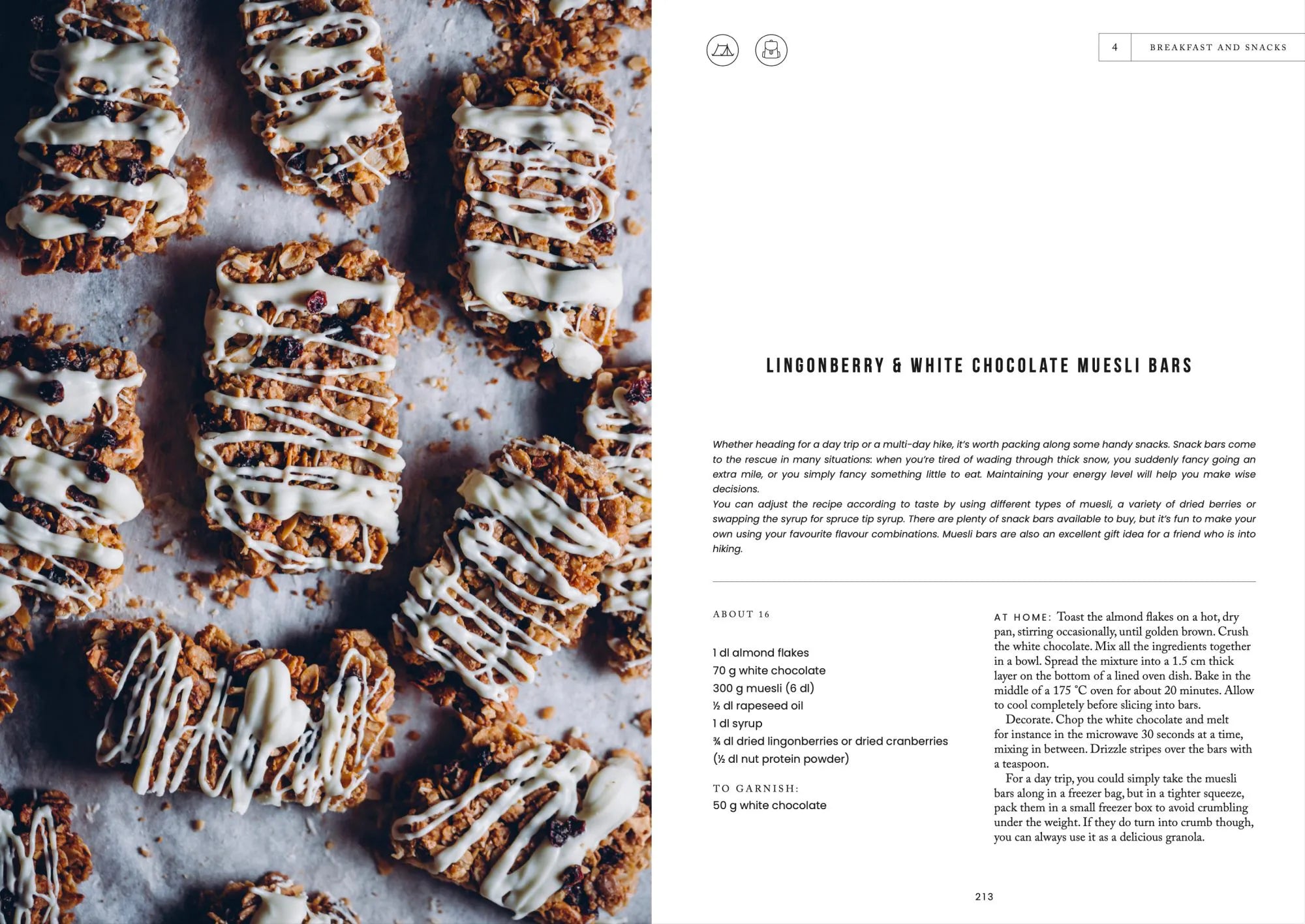 Muesli bars drizzled with white chocolate are displayed beside Food in the Woods by Cozy Publishing—perfect for those seeking vegetarian camping recipes and outdoor cooking inspiration.