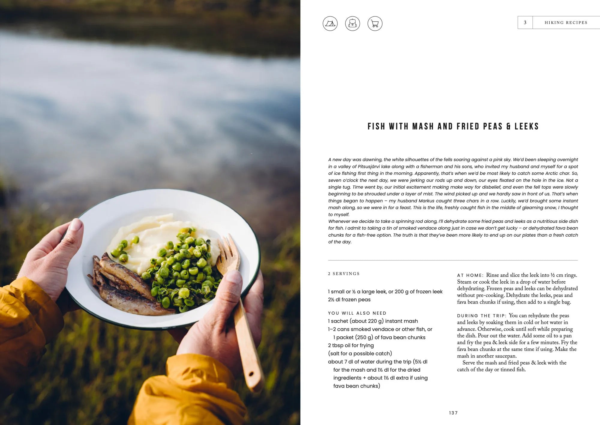 A person in a yellow jacket holds a plate of food by the water; Food in the Woods - Vegetarian Recipes From Easy Snacks to Hiking Meals by Cozy Publishing appears on the right, offering outdoor vegetarian cooking tips.