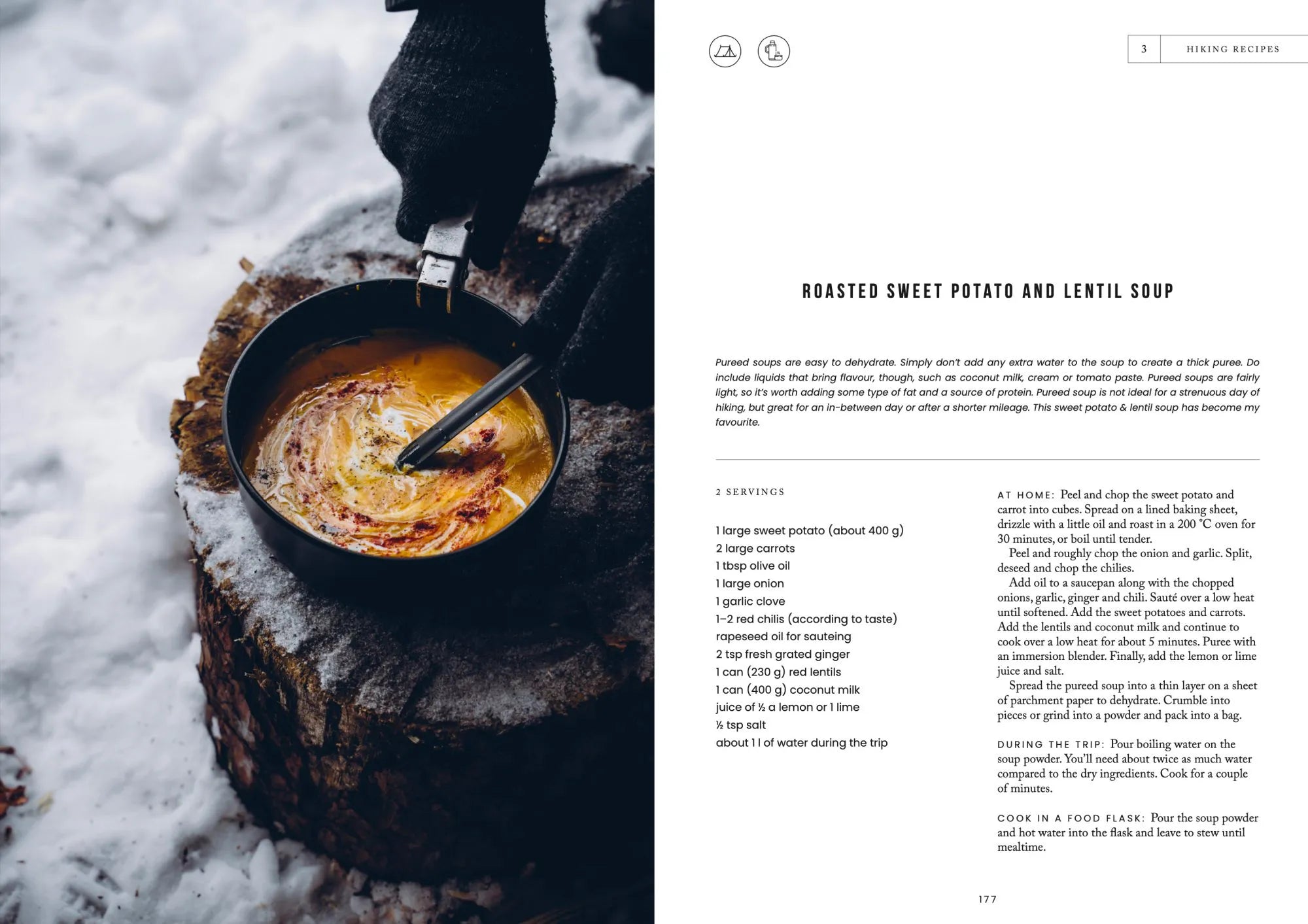 A gloved hand stirs soup outdoors in a snowy setting, illustrating Food in the Woods – Vegetarian Recipes From Easy Snacks to Hiking Meals by Cozy Publishing, perfect for plant-based hiking meals.