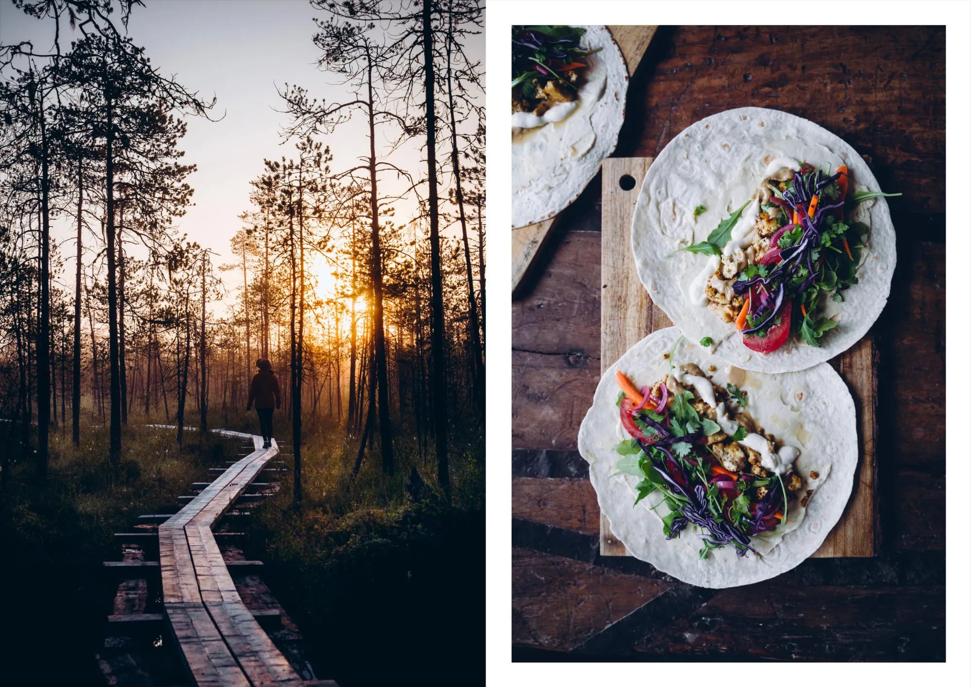 Left: Person walks a wooden path through the forest at sunset. Right: Two open tortillas with vibrant veggies—plant-based hiking meals from Food in the Woods - Vegetarian Recipes From Easy Snacks to Hiking Meals by Cozy Publishing.