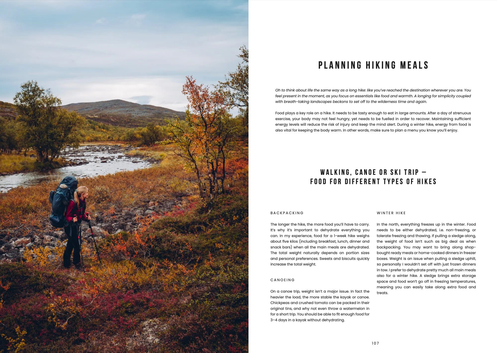 Two hikers with backpacks stand by a river in autumn mountains. On the right, text showcases Food in the Woods - Vegetarian Recipes From Easy Snacks to Hiking Meals by Cozy Publishing, perfect for planning plant-based hiking adventures.