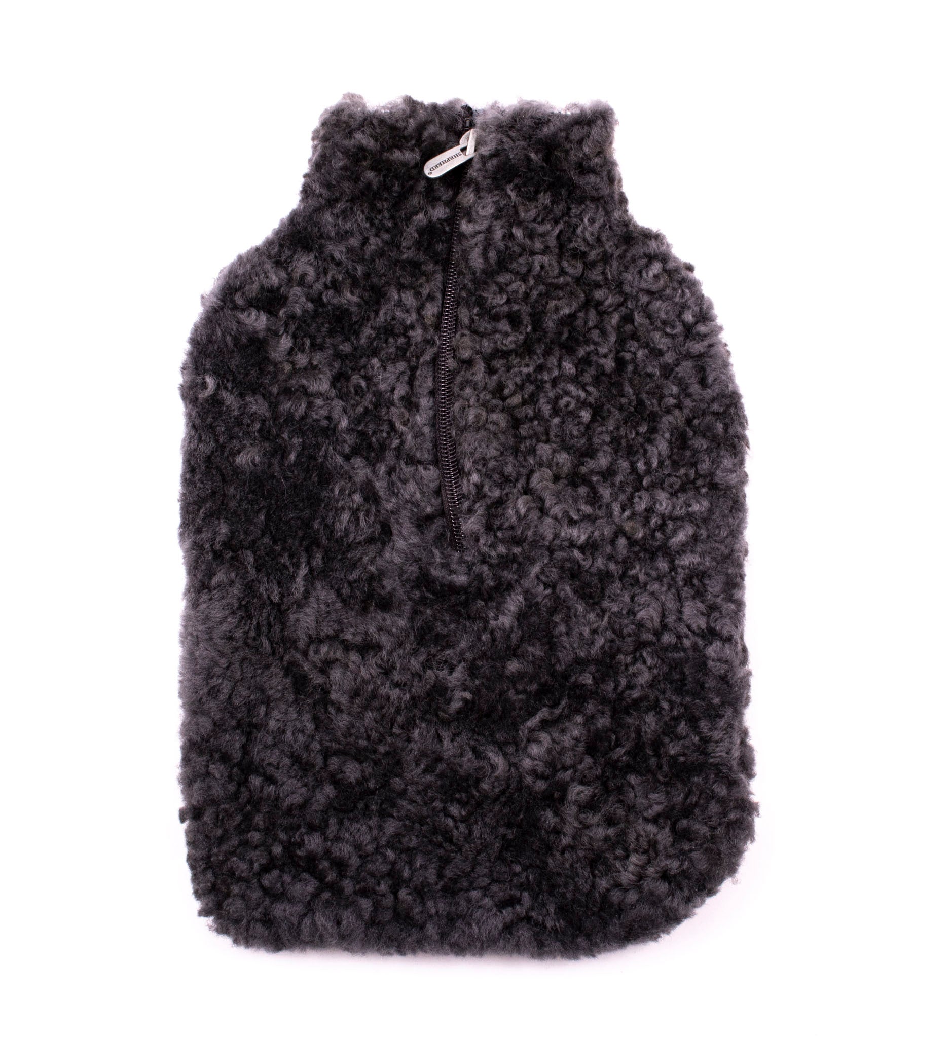 The Shepherd of Sweden Kerri Hot Water Bottle Cover in Carbon sheepskin features a curly faux fur texture and center-front zipper—an ideal, cozy winter accessory for muscle relief.